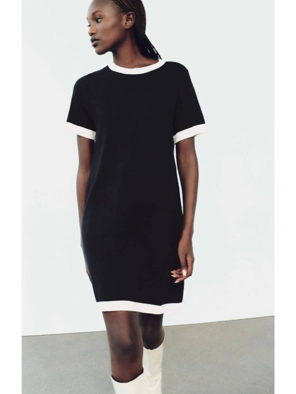 Zara Knit Mini Dress Womens Medium Navy Blue Contrast Crew Neck 5536/105 NWT